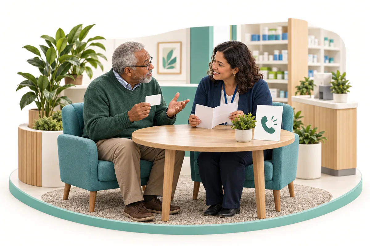 An older man holds a blank card beside a woman with an open leaflet; a phone-symbol card stands on the table.
