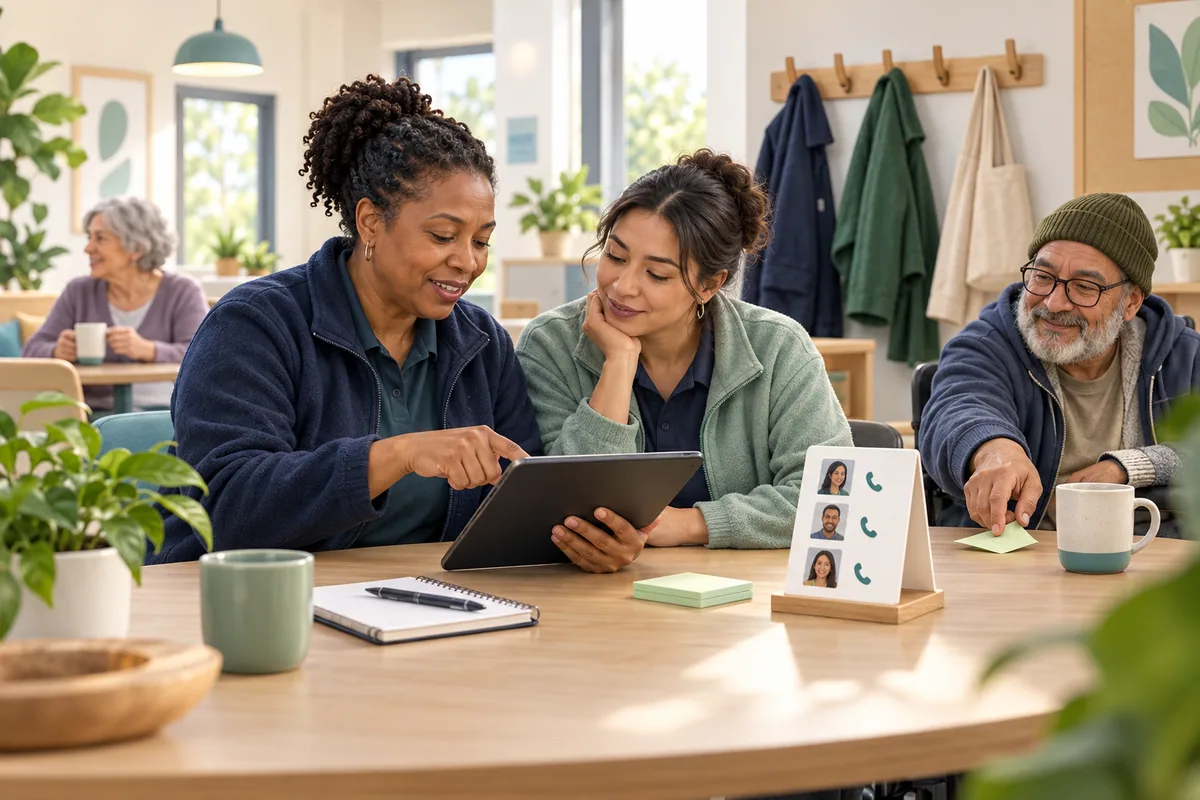 Two colleagues practice a task on a tablet while a participant contributes feedback beside a pictorial contact guide.