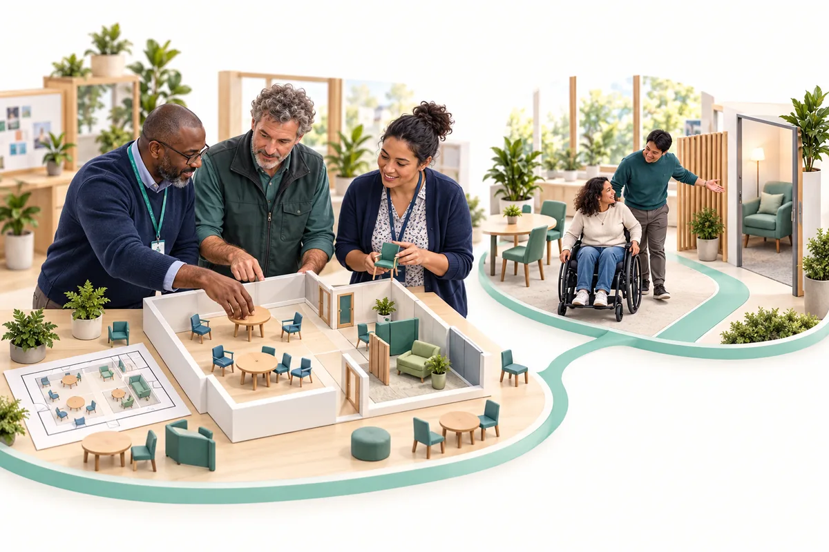 Three colleagues arrange furniture in a physical room model. A smaller connected scene shows a wheelchair user and another person beside a doorway and seating area.
