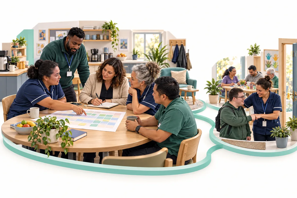 Five colleagues discuss a printed weekly plan around a table. A smaller connected scene shows a staff member speaking with an older adult near an activity area.