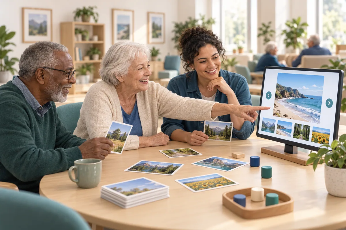 Two older adults and an activity designer choose landscape pictures for a game, with a seaside scene on a screen and tactile pieces on the table.