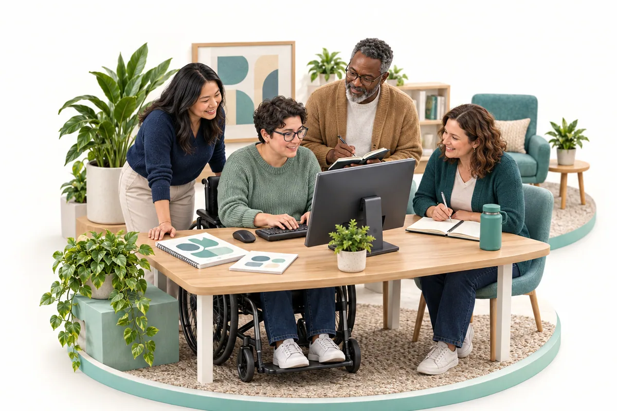 A wheelchair user tries a keyboard and monitor while colleagues observe and take notes, with printed resources on the table.