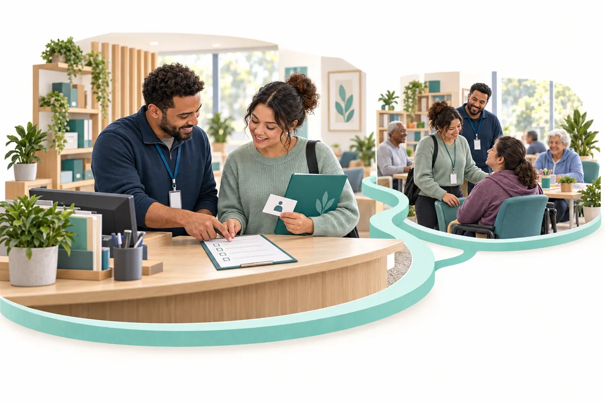 Two colleagues review a checklist at a service desk beside a folder and identification badge. A smaller connected scene shows them joining people around an activity table.