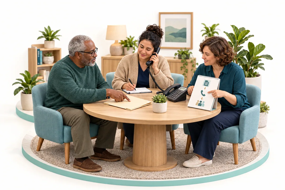 A participant points to a folder while one colleague uses a telephone and another shows a picture sequence of the next contacts.