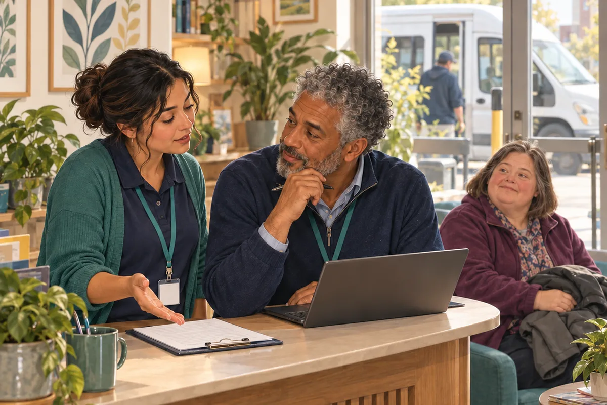 A staff member gestures toward a desk while a colleague turns from a laptop to listen; another adult sits nearby.